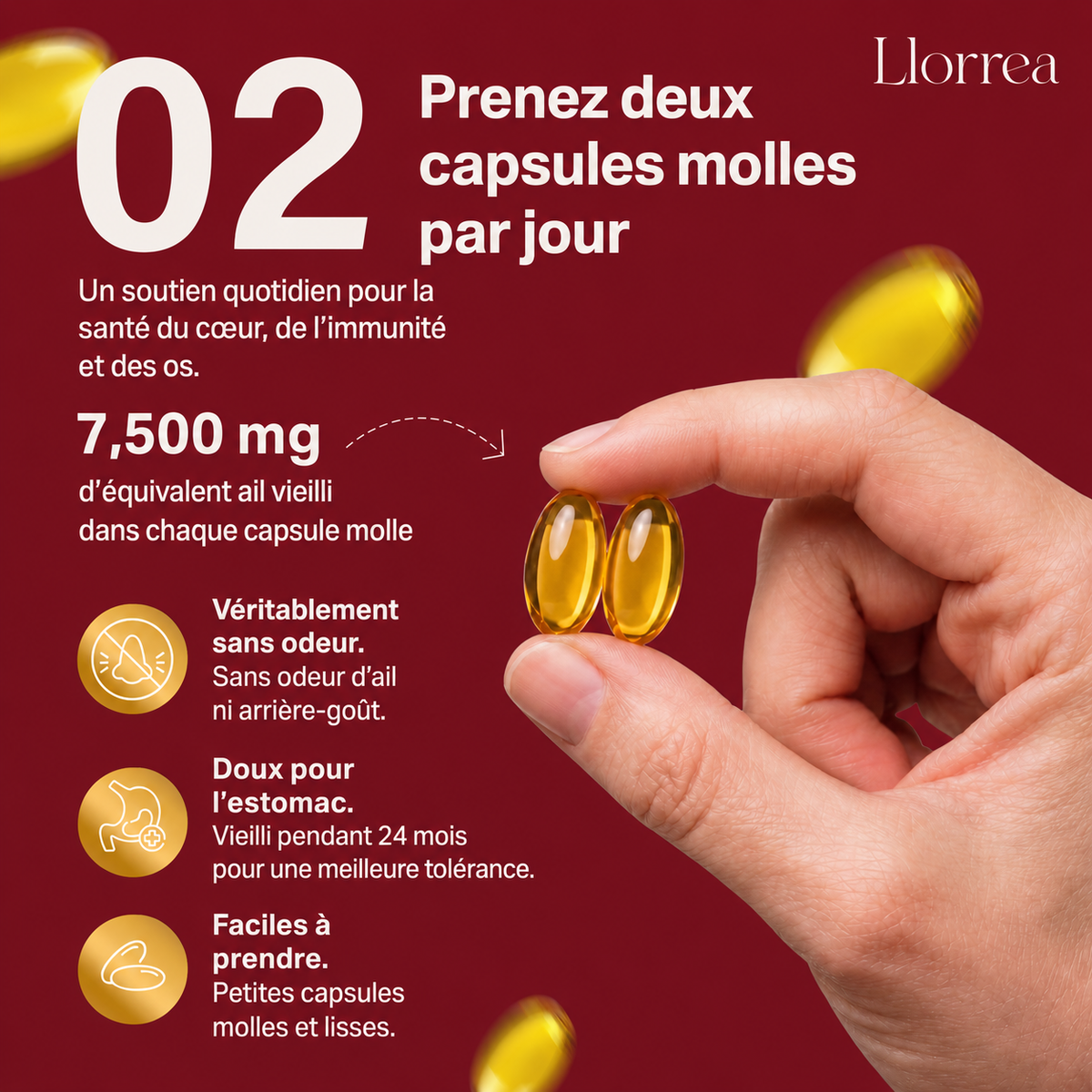 Extrait d'ail vieilli Llorrea® - Capsules molles inodores 7 500 mg