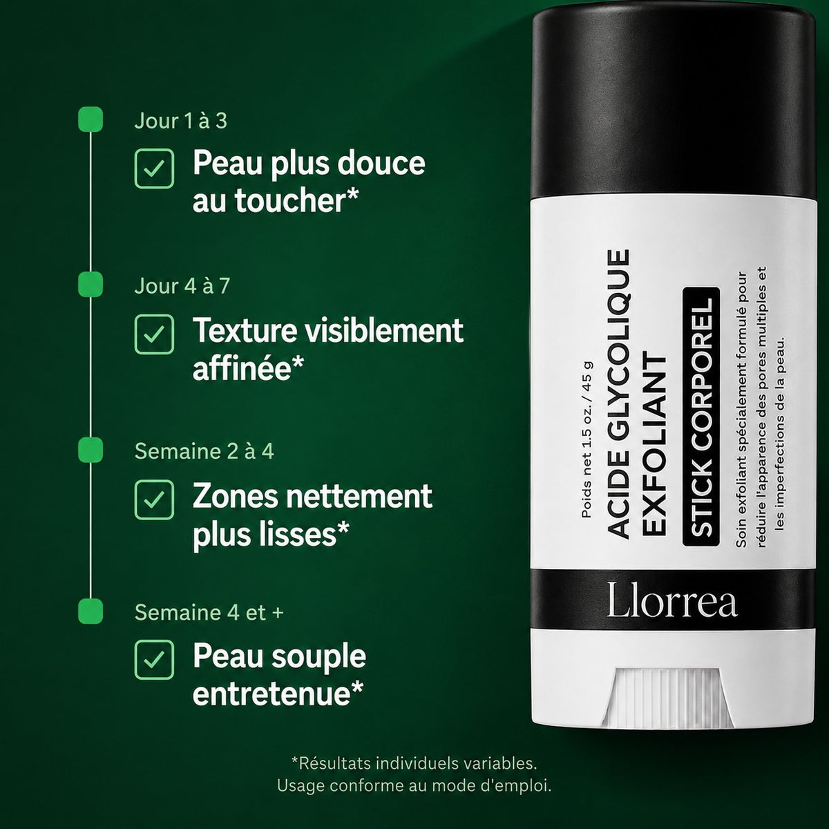 Llorrea — Stick Corps Lissant à l'Acide Glycolique 7%