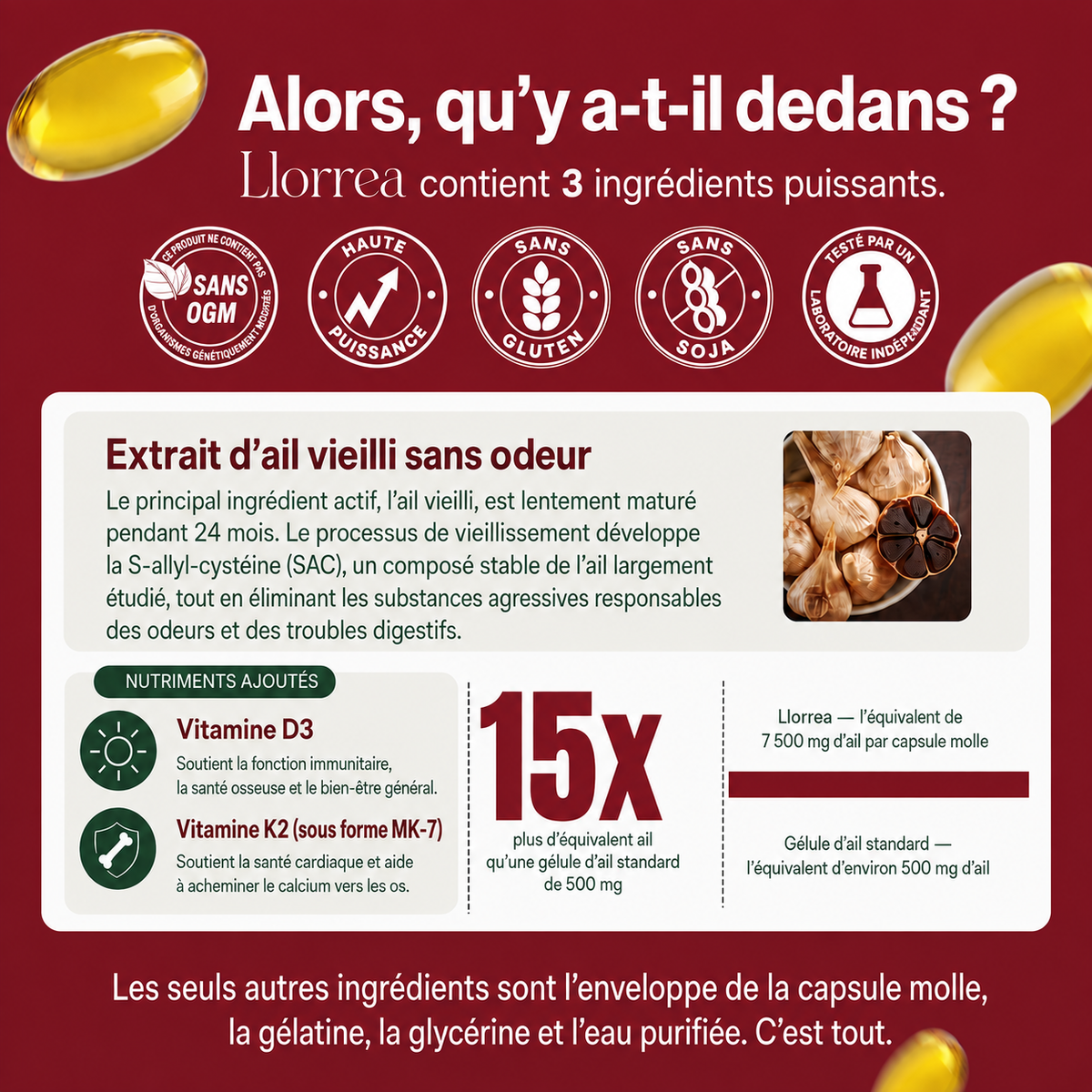 Extrait d'ail vieilli Llorrea® - Capsules molles inodores 7 500 mg