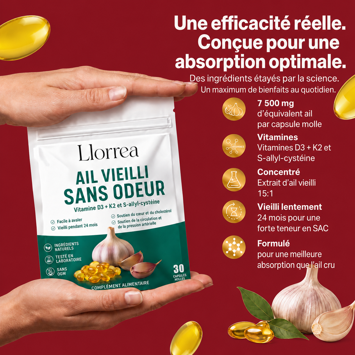 Extrait d'ail vieilli Llorrea® - Capsules molles inodores 7 500 mg