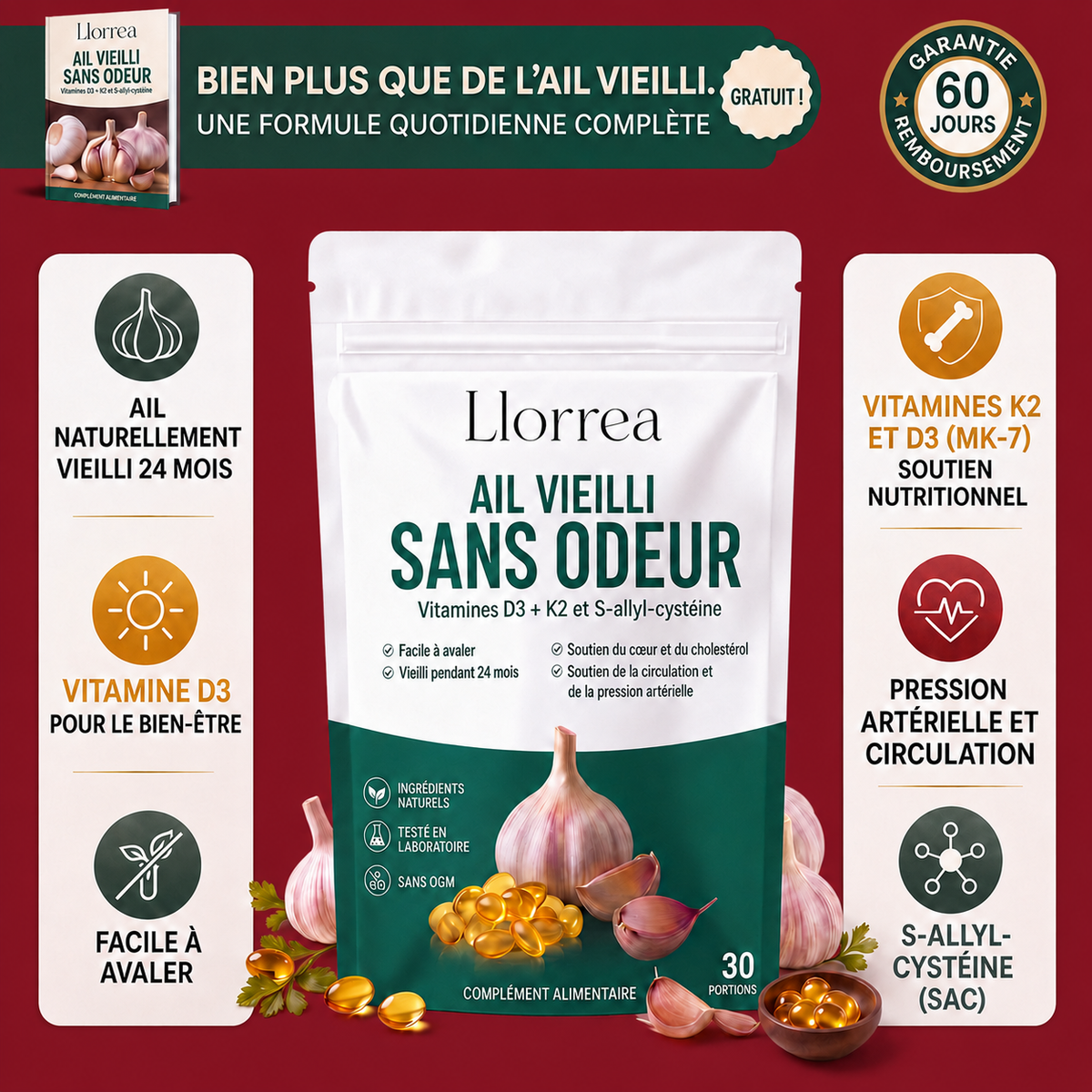 Extrait d'ail vieilli Llorrea® - Capsules molles inodores 7 500 mg